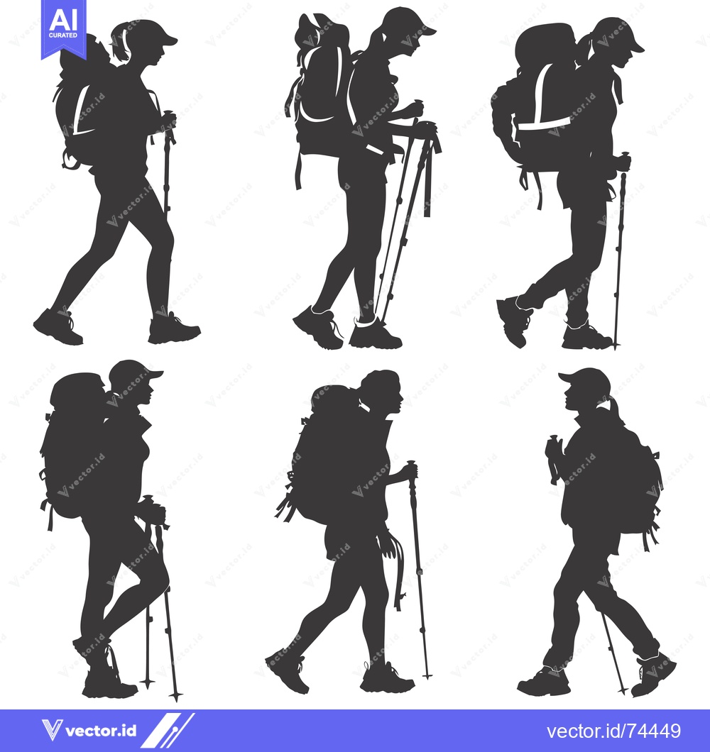 Premium Vector of Six Silhouettes of Female Hikers with Backpacks and Trekking Poles