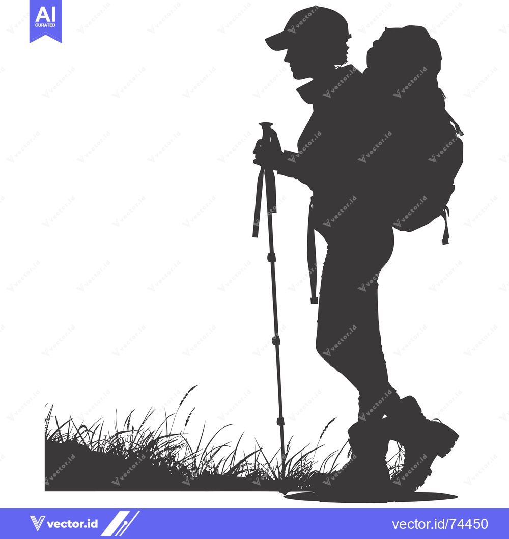 Premium Vector dari Silhouette of a Female Hiker with a Backpack and Hiking Stick
