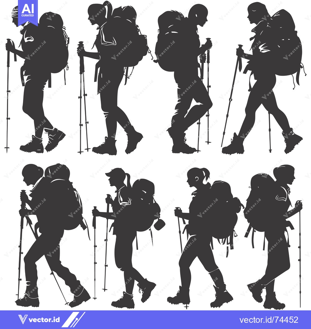 Premium Vector dari Silhouettes of Eight Hikers with Backpacks and Trekking Poles