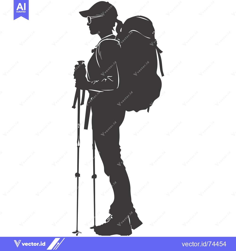 Premium Vector of Silhouette of a female hiker with a backpack and trekking poles