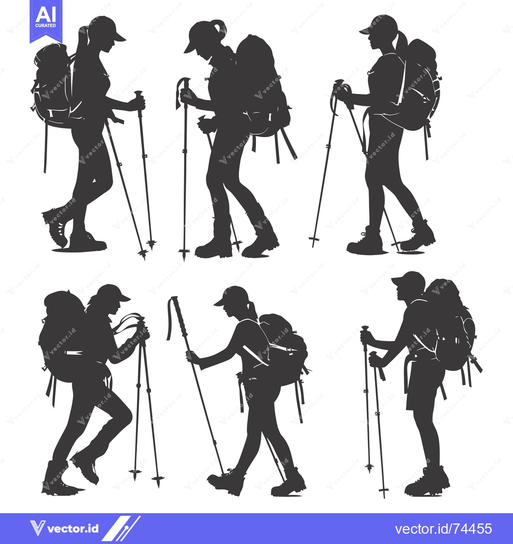 Premium Vector dari Silhouettes of Six Female Hikers with Backpacks and Trekking Poles