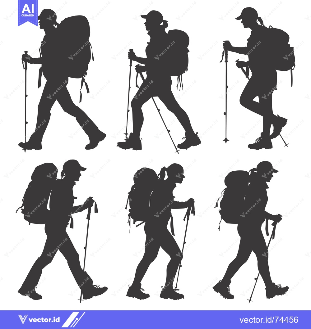 Premium Vector of Six Silhouettes of Hikers with Backpacks and Trekking Poles