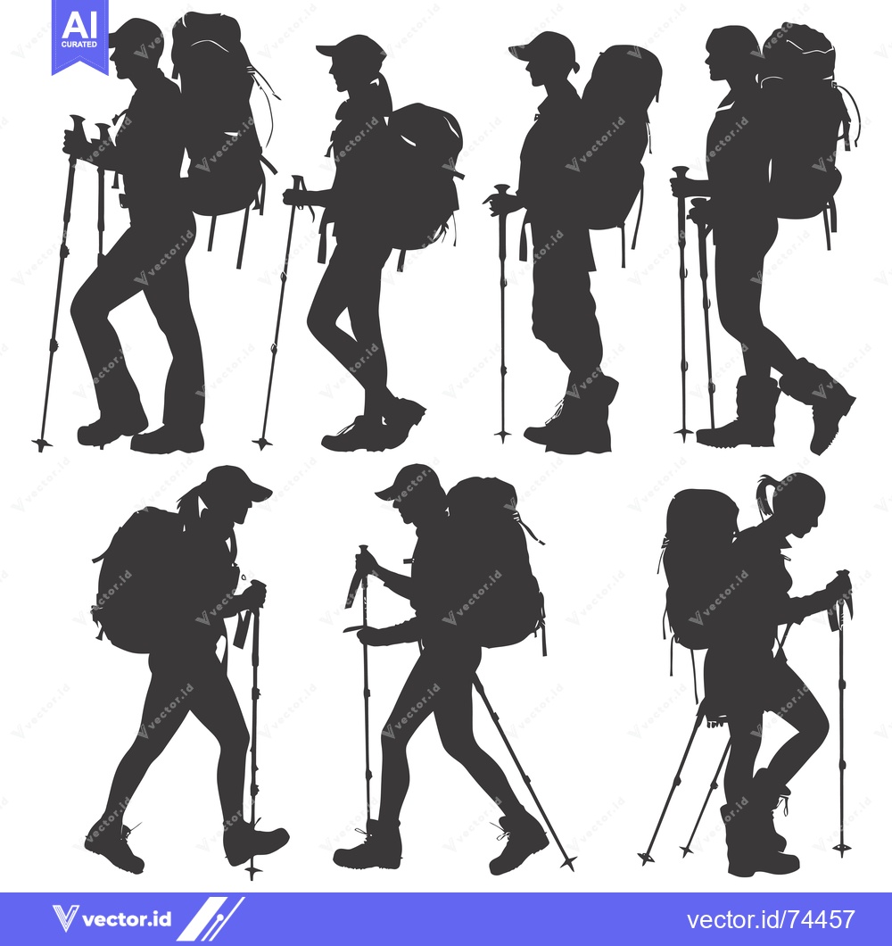 Premium Vector dari Silhouettes of Hikers with Backpacks and Trekking Poles