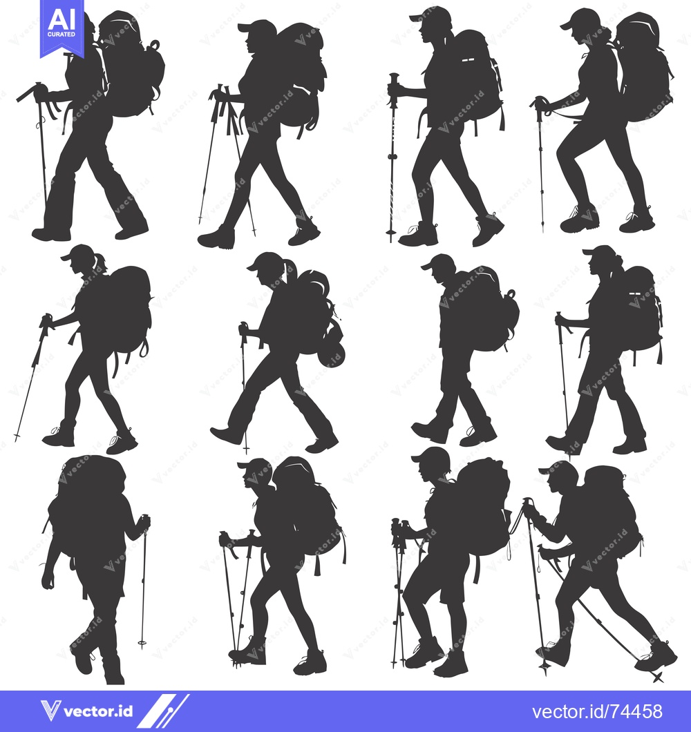 Premium Vector of Silhouettes of Hikers with Backpacks and Trekking Poles