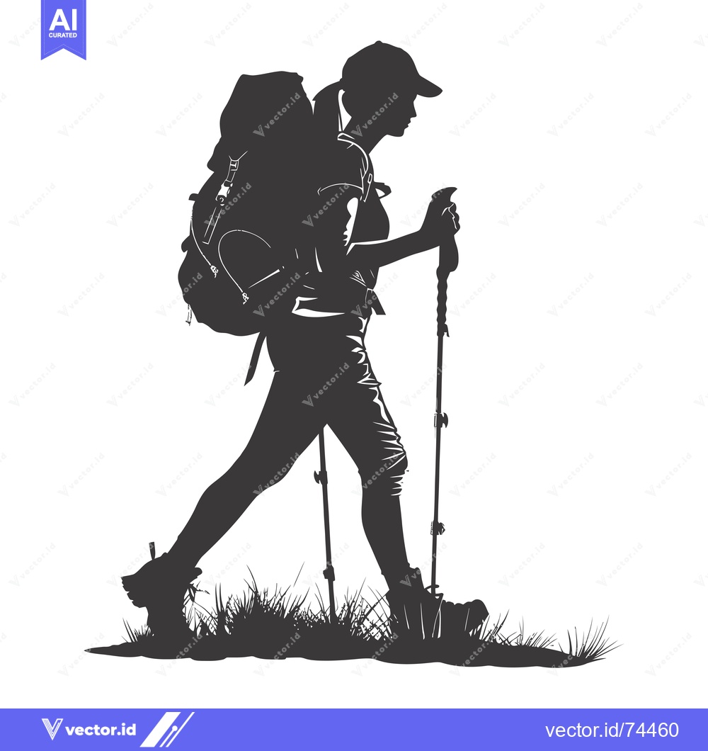 Premium Vector dari Silhouette of a Female Backpacker Hiking with Trekking Poles