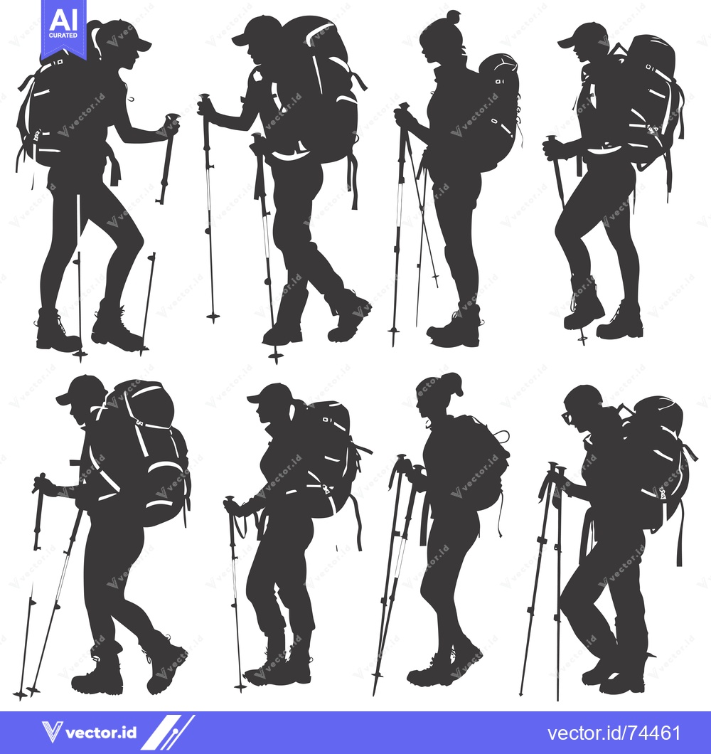 Premium Vector of Silhouettes of Eight Hikers with Backpacks and Trekking Poles