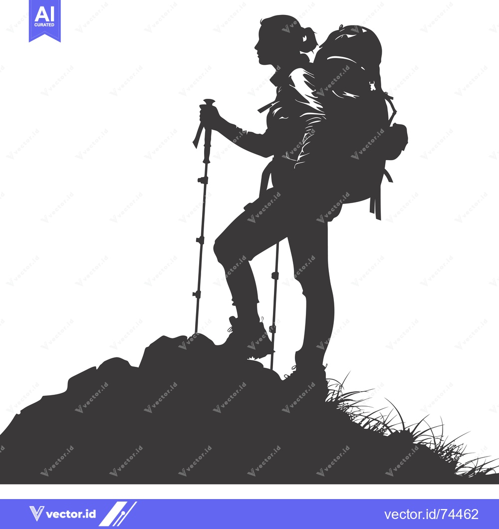 Premium Vector dari Silhouette of a Woman Hiking on a Mountain with a Backpack and Trekkin