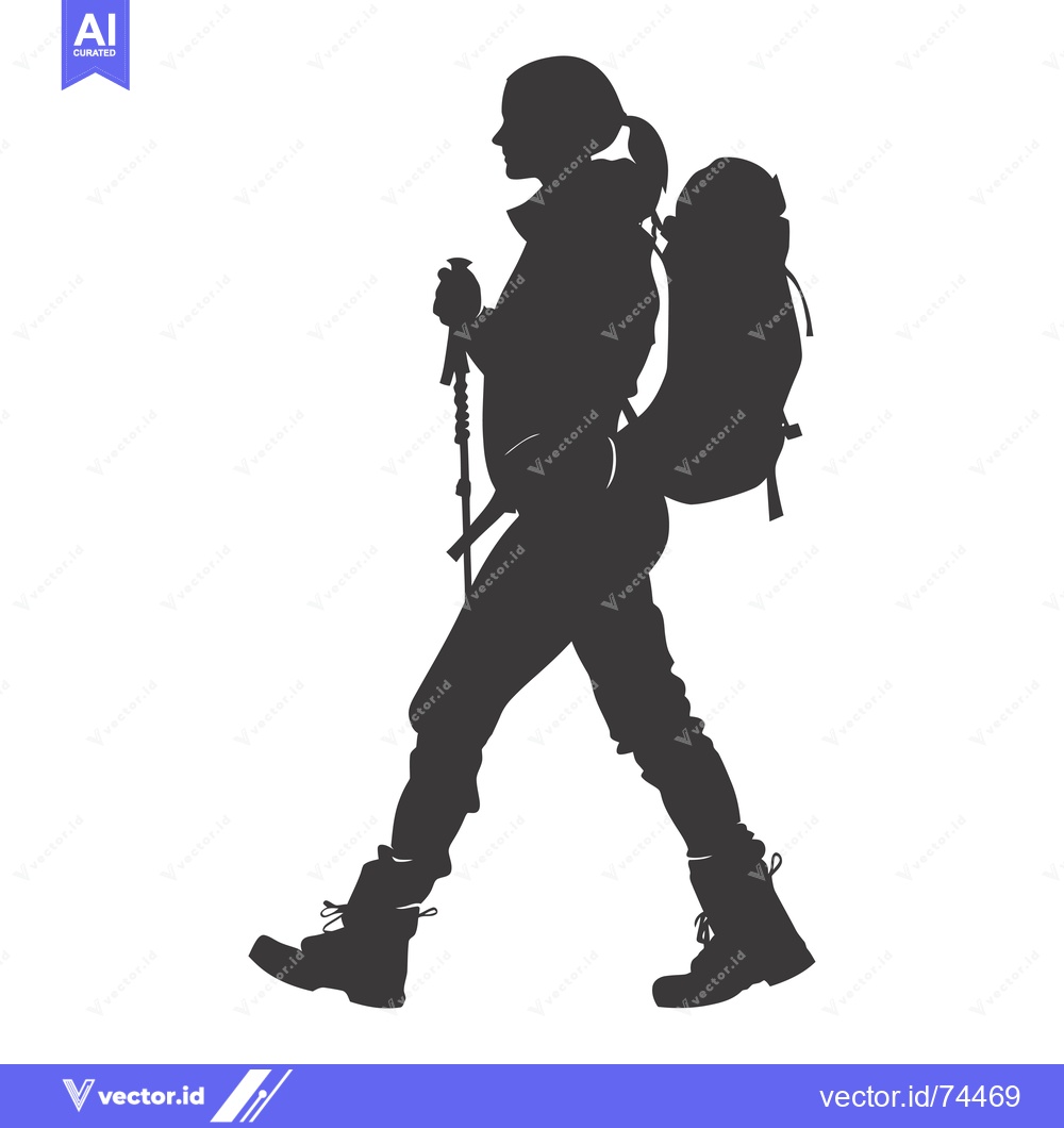 Premium Vector dari Silhouette of a Woman Hiking with a Backpack and Trekking Poles