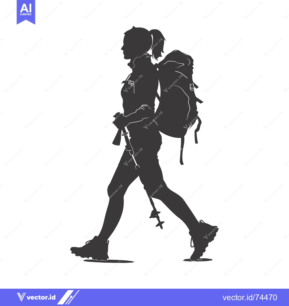 Premium Vector dari Silhouette of a Woman Hiking with a Backpack and Trekking Poles