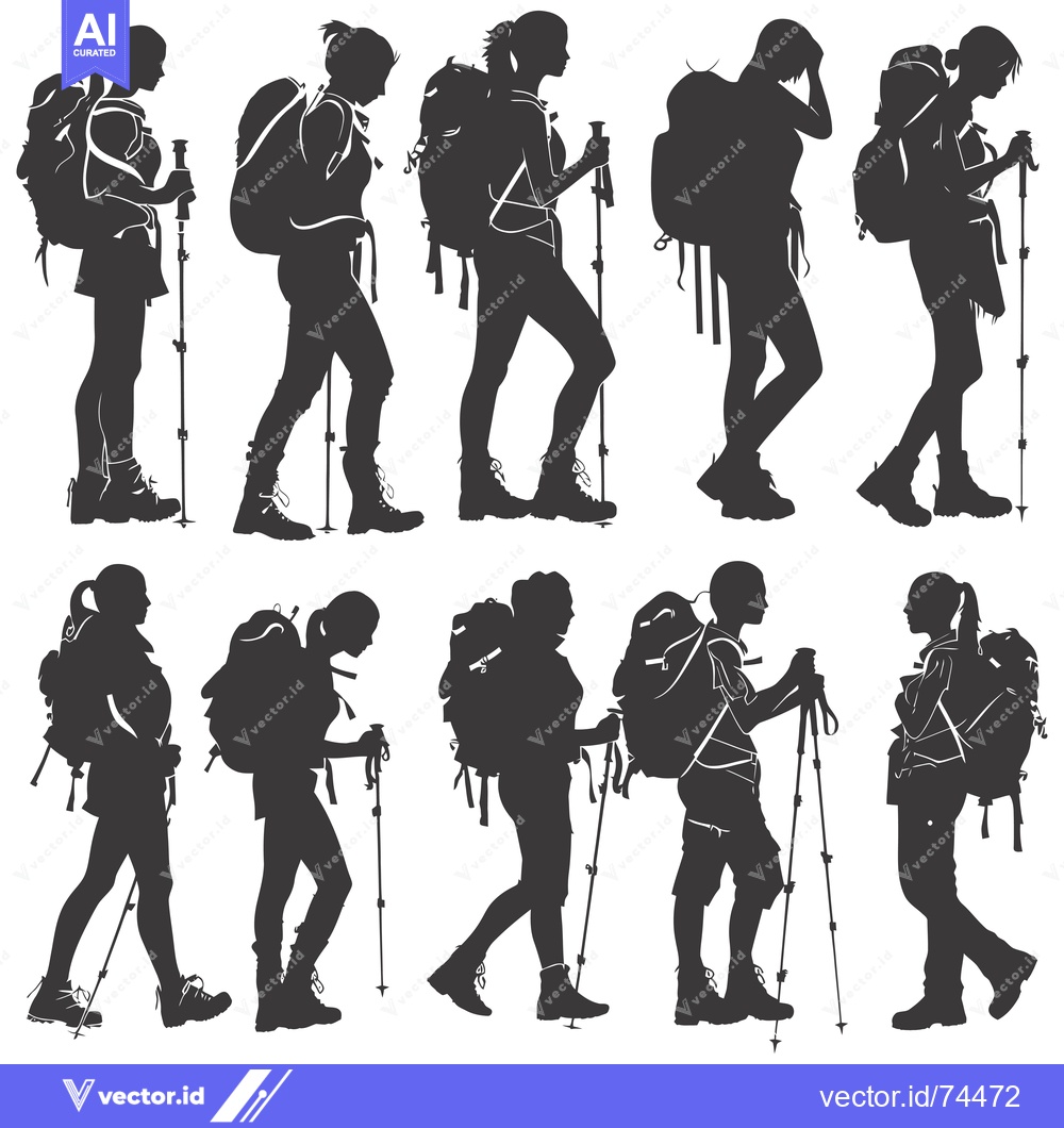 Premium Vector of Silhouettes of Women Hiking with Backpacks and Trekking Poles