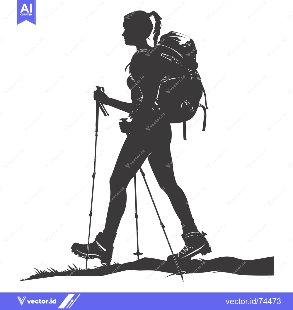Premium Vector dari Silhouette of a Female Backpacker Walking with Trekking Poles
