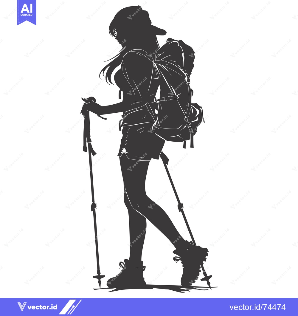 Premium Vector dari Silhouette of a Female Hiker with a Backpack and Trekking Poles