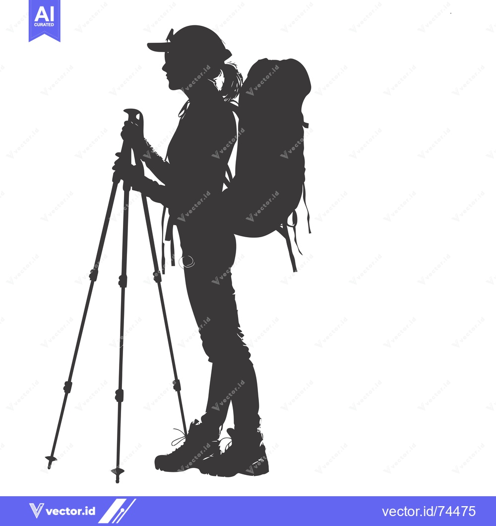 Premium Vector of Silhouette of a female hiker with a backpack and trekking poles