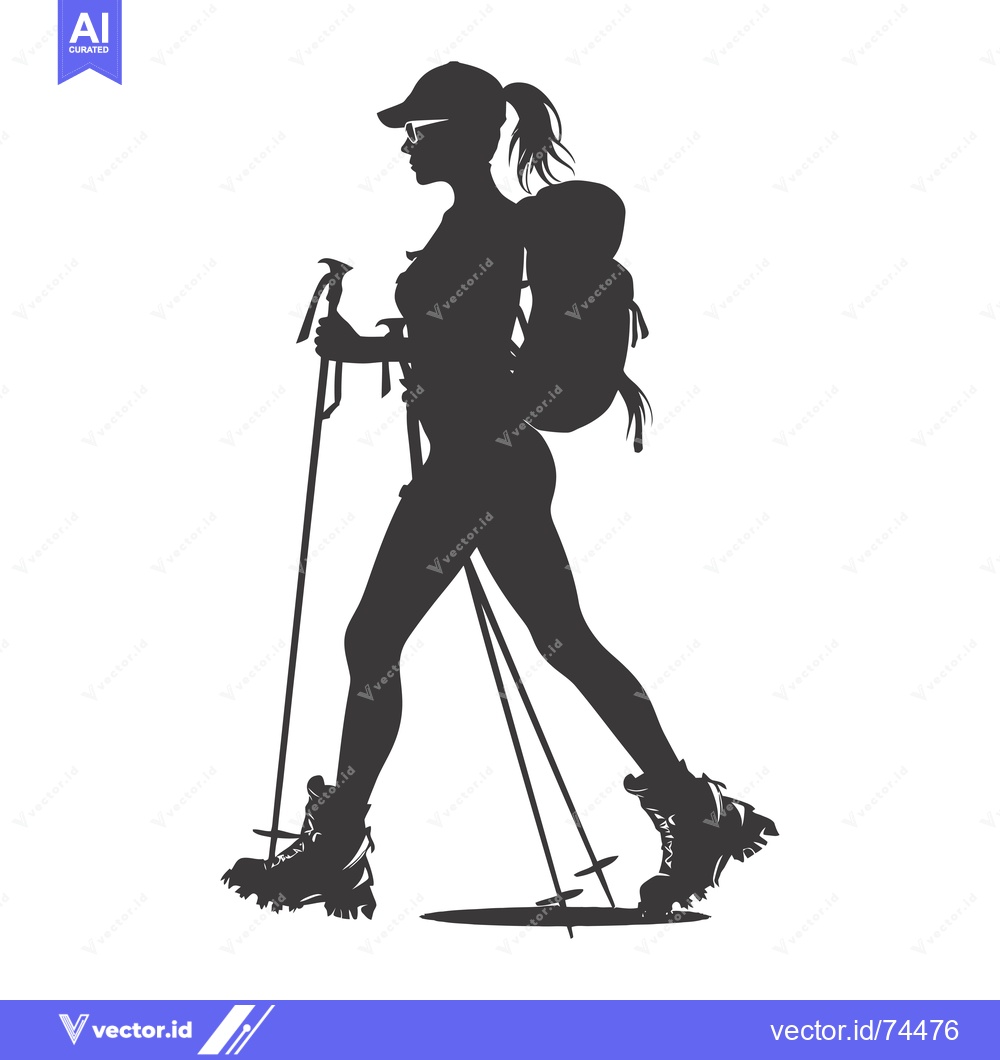 Premium Vector dari Silhouette of a Woman Hiking with a Backpack and Trekking Poles