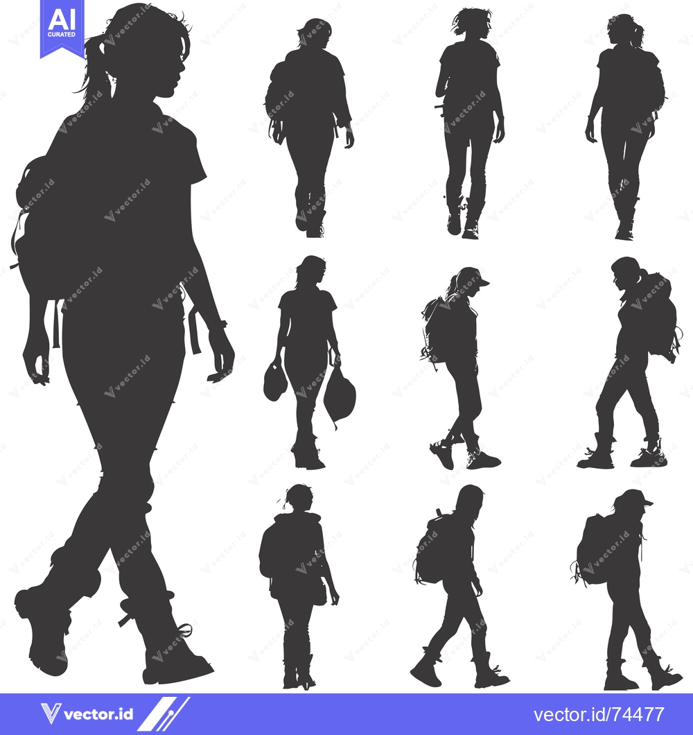 Premium Vector dari Silhouettes of Nine Women Walking With Backpacks