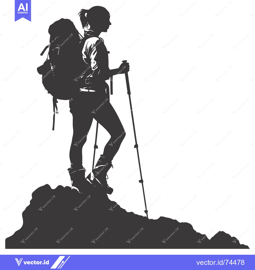 Premium Vector of Silhouette of a Female Hiker with Backpack and Trekking Poles on a Mou