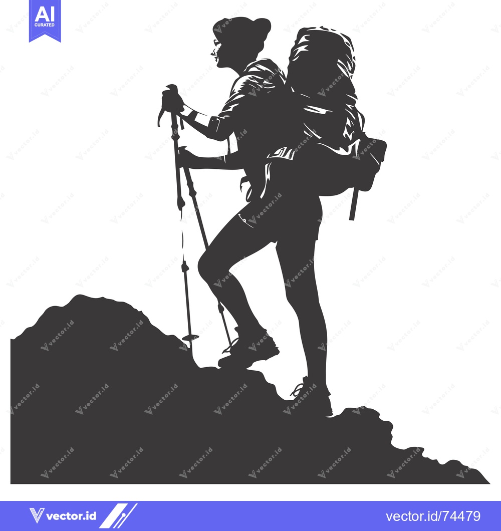 Premium Vector dari Silhouette of a Woman Hiking with a Backpack and Hiking Poles