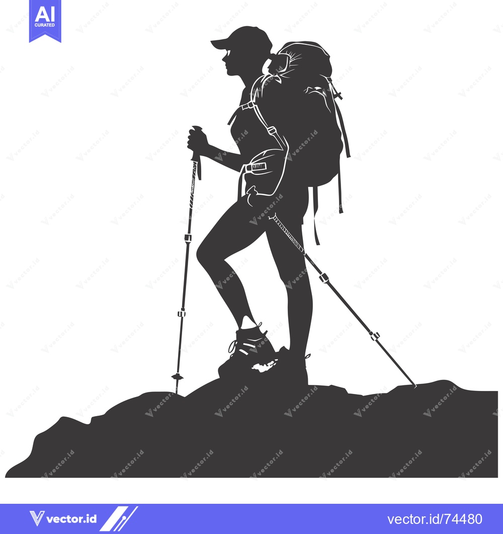 Premium Vector of Silhouette of a Female Hiker with Backpack and Trekking Poles on a Mou