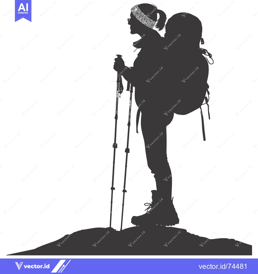 Premium Vector dari Silhouette of a female hiker with a backpack and trekking poles standi