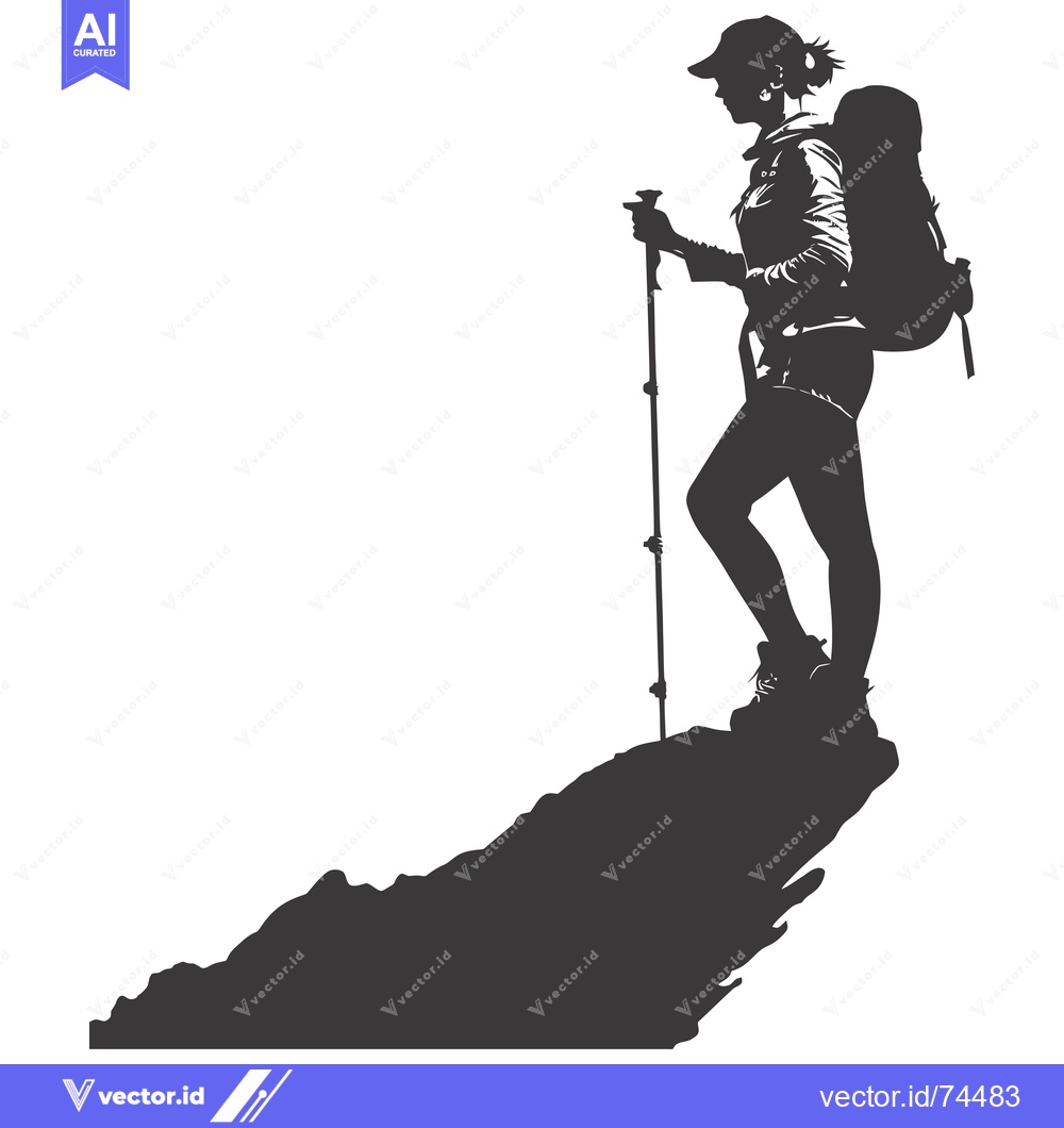 Premium Vector of Silhouette of a female hiker with a backpack standing on a mountain pe