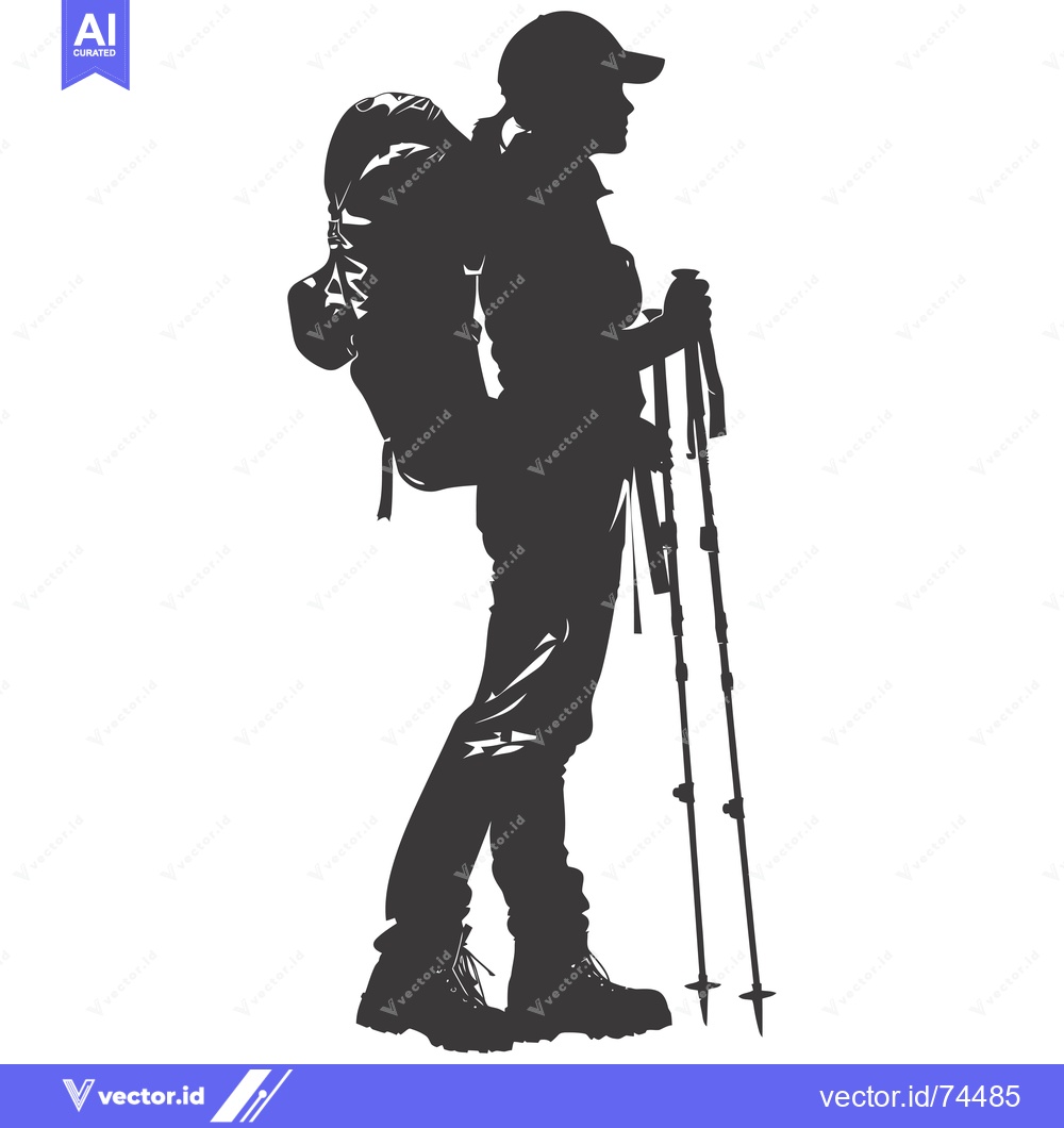 Premium Vector of Silhouette of a female hiker with a backpack and trekking poles