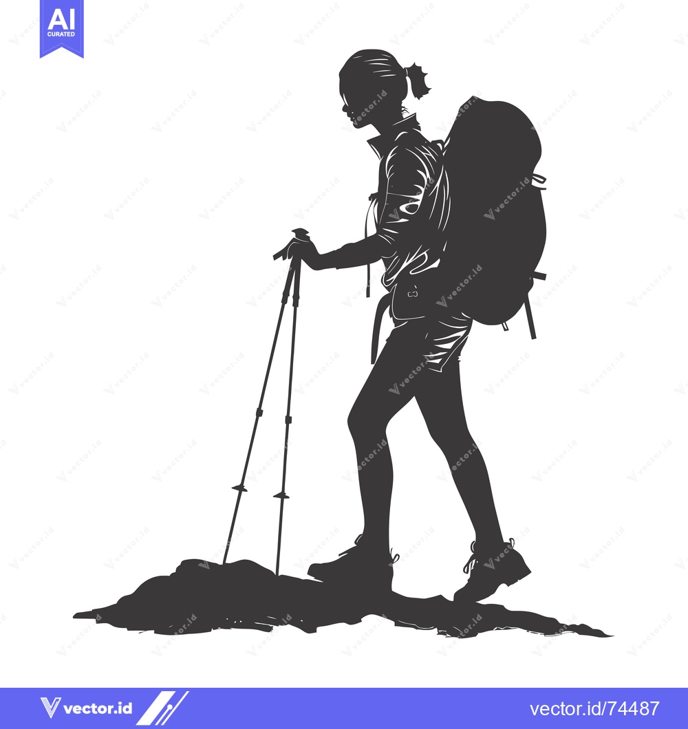 Premium Vector dari Silhouette of a female hiker with a backpack and trekking poles