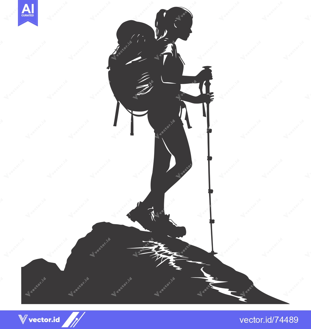Premium Vector of Silhouette of a Woman Hiking on a Mountain Peak