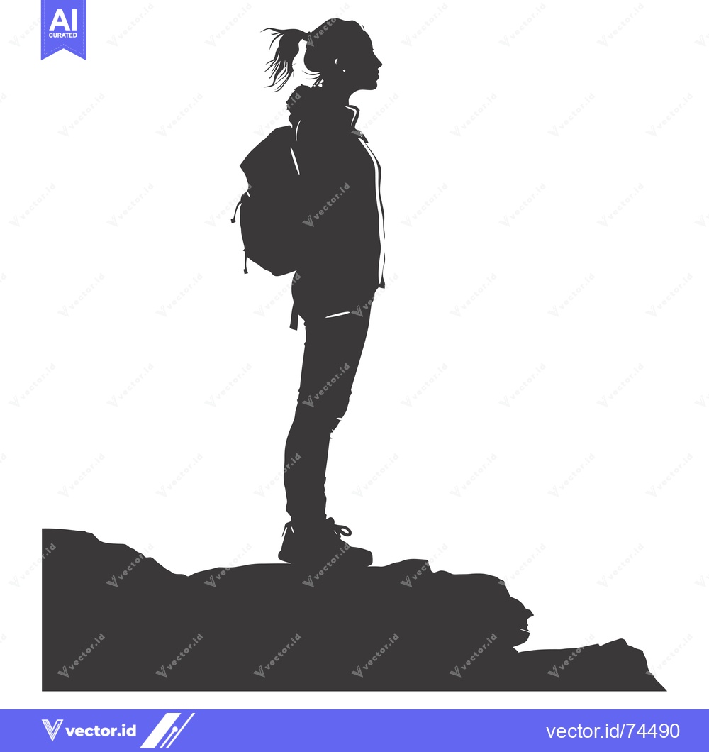 Premium Vector dari Silhouette of a Woman with a Backpack Standing on a Cliff