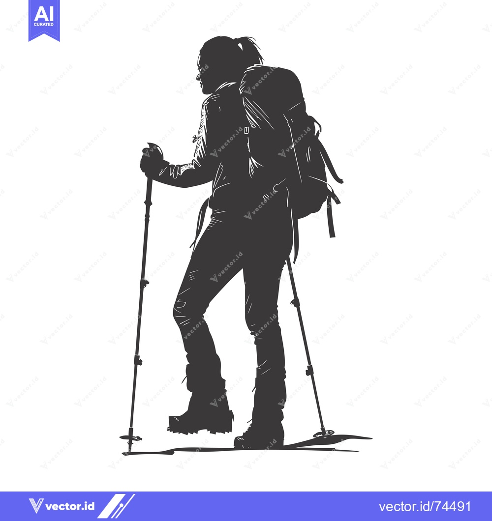 Premium Vector dari Silhouette of a female hiker with a backpack and trekking poles