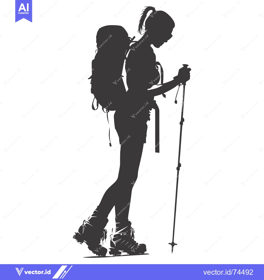Premium Vector of Silhouette of a woman hiker with a backpack and trekking poles