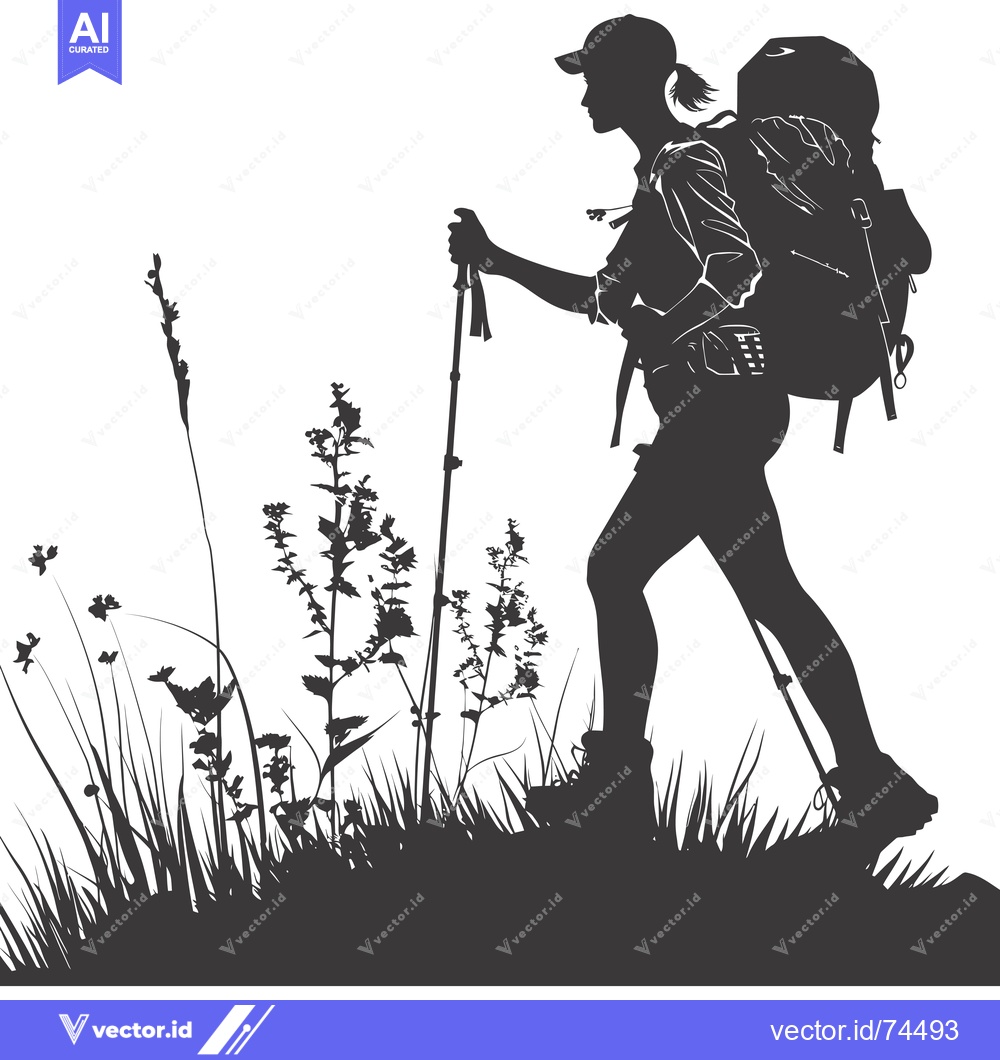Premium Vector of Silhouette of a Woman Hiking with a Backpack and Trekking Poles