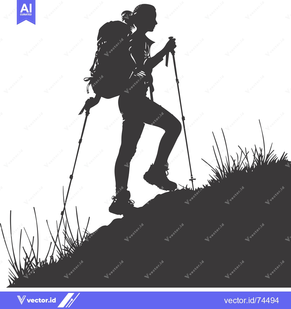 Premium Vector dari Silhouette of a Woman Hiking Up a Hill with a Backpack and Trekking Po