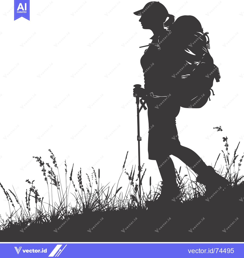 Premium Vector dari Silhouette of a Woman Hiking with a Backpack and Trekking Poles