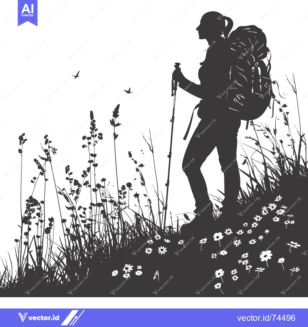 Premium Vector dari Silhouette of a Female Backpacker with Hiking Sticks in a Meadow with