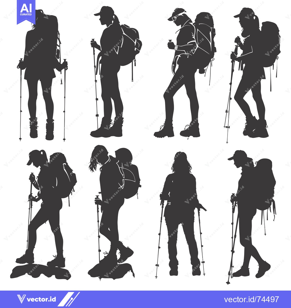 Premium Vector dari Eight Silhouettes of Female Hikers with Backpacks and Trekking Poles