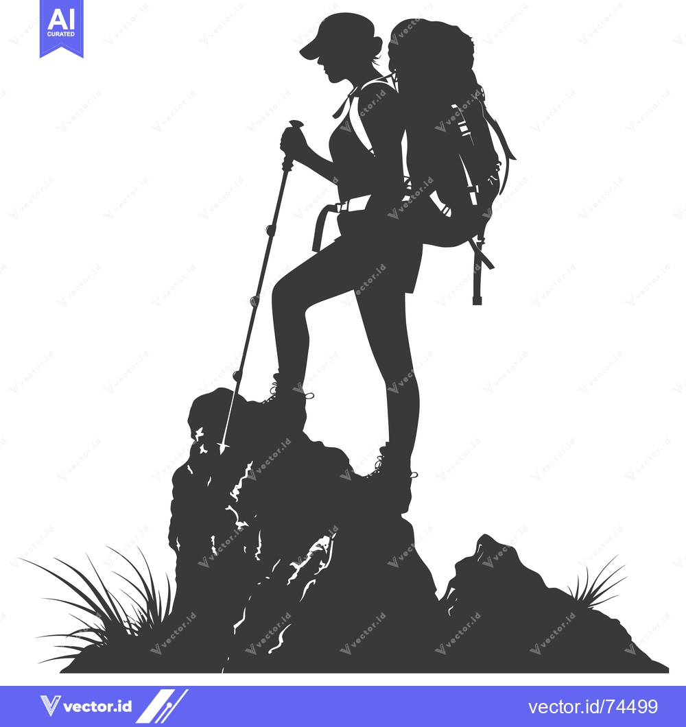 Premium Vector dari Silhouette of a Female Backpacker Standing on a Rocky Peak