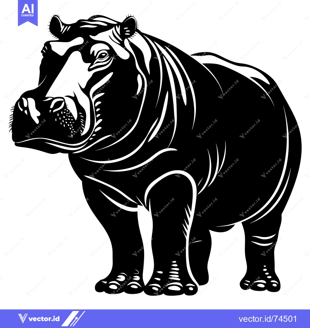 Premium Vector of Black and White Silhouette of a Standing Hippopotamus