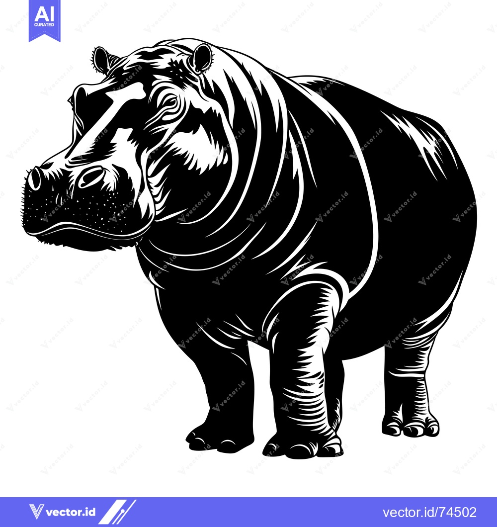 Premium Vector of Black and White Illustration of a Standing Hippopotamus