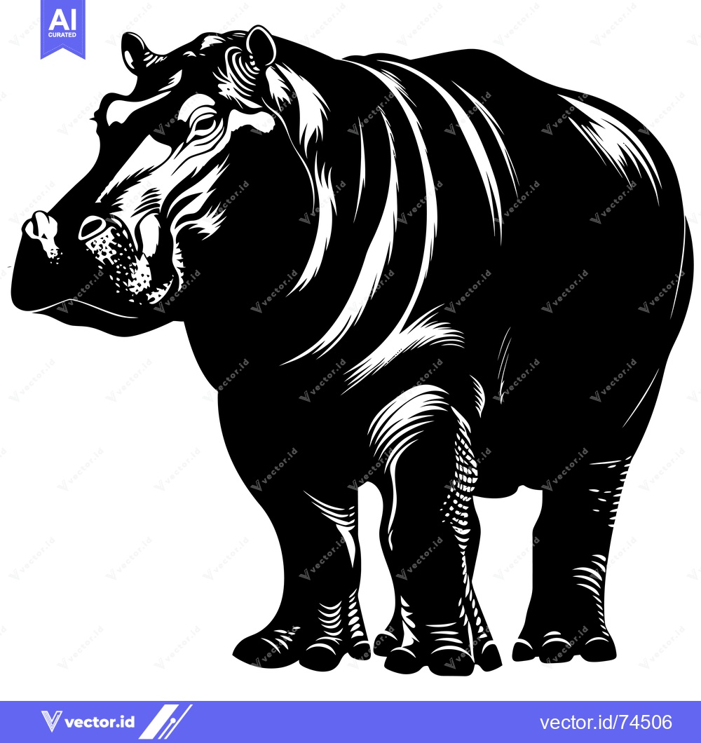 Premium Vector dari Black and White Illustration of a Standing Hippopotamus