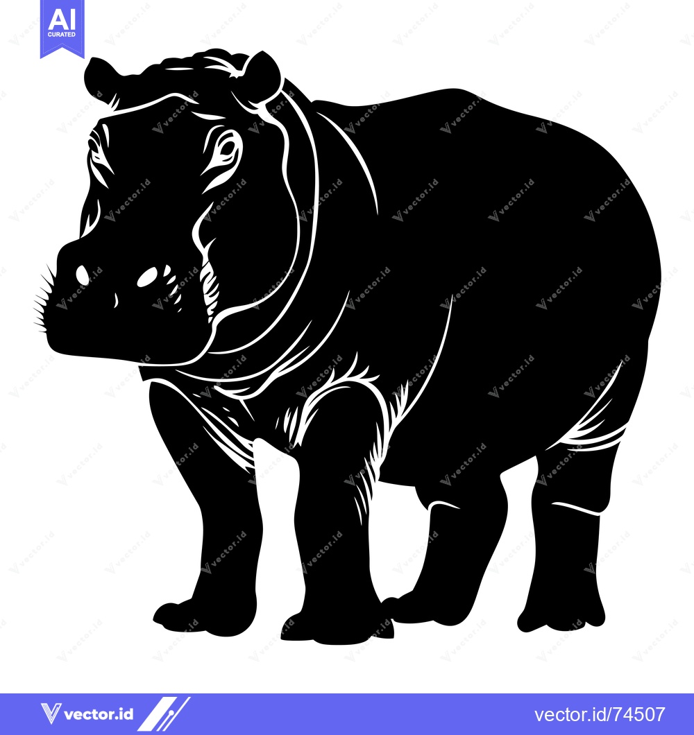 Premium Vector dari Black and White Silhouette of a Hippopotamus Standing
