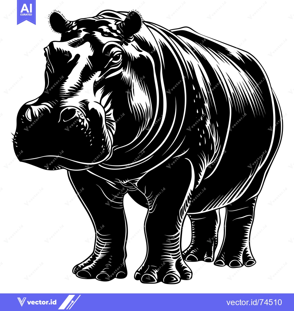 Premium Vector dari A Black and White Illustration of a Standing Hippopotamus