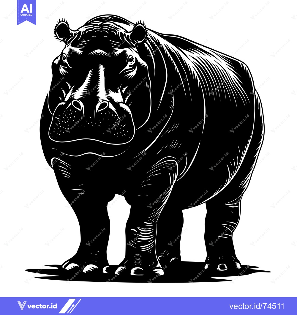 Premium Vector dari Black and White Illustration of a Standing Hippopotamus