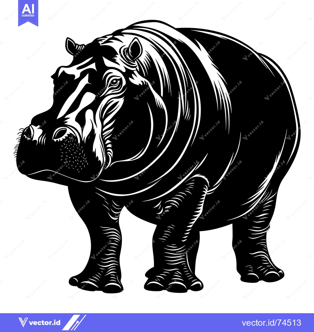 Premium Vector of Black and White Illustration of a Standing Hippopotamus