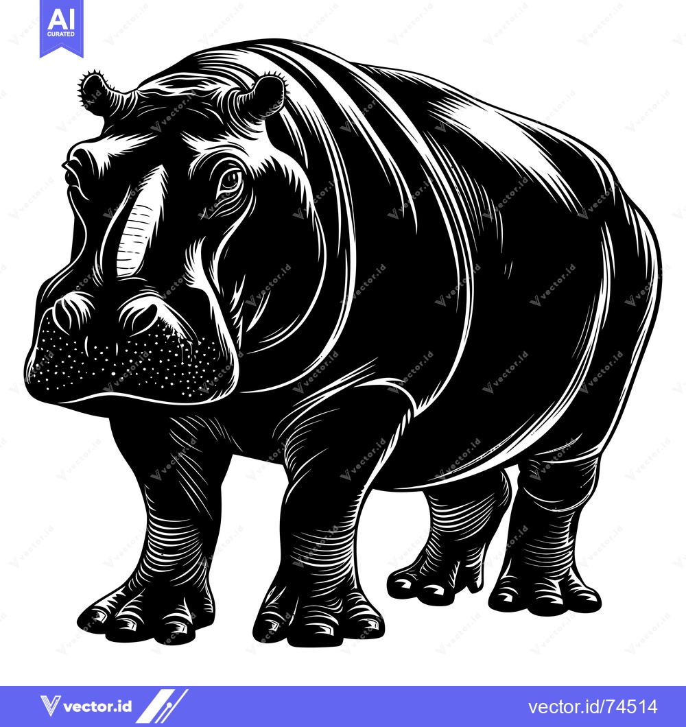 Premium Vector of Black and White Illustration of a Standing Hippopotamus