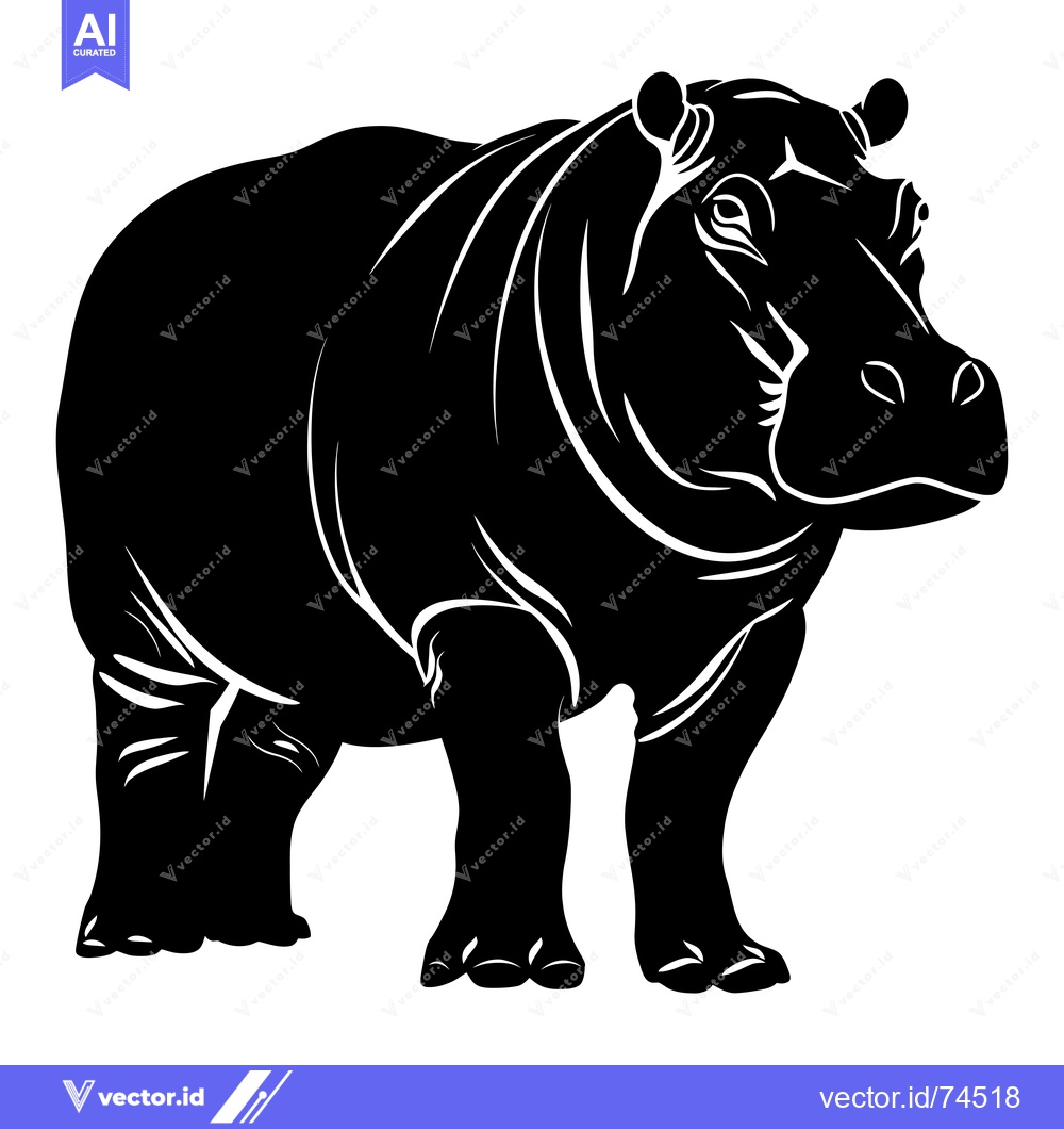 Premium Vector dari Black and White Silhouette of a Hippopotamus Standing