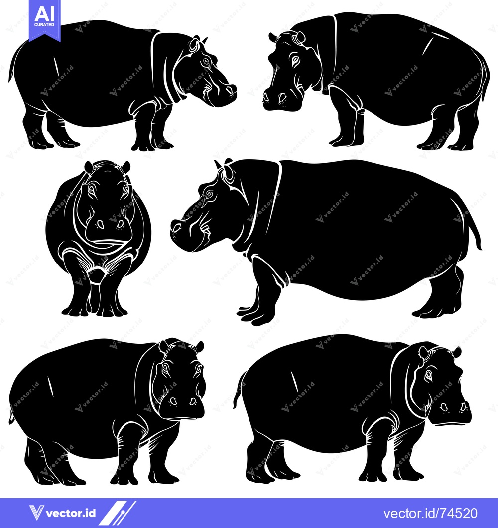 Premium Vector of A Collection of Six Black and White Hippopotamus Silhouettes