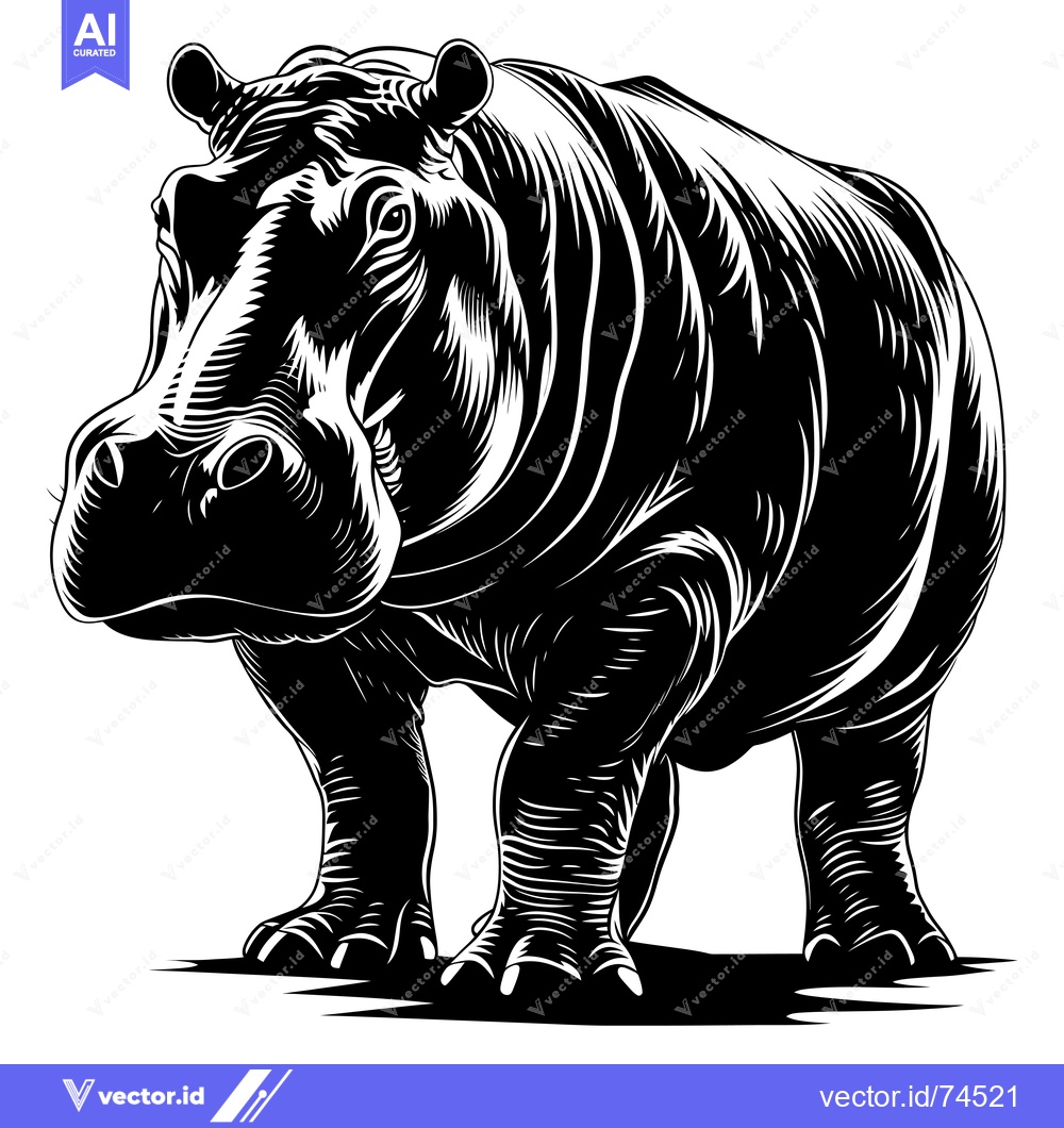 Premium Vector dari Black and White Illustration of a Standing Hippopotamus