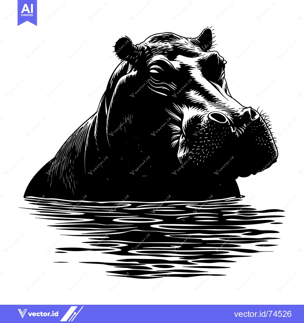 Premium Vector dari Black and White Illustration of a Hippopotamus in Water