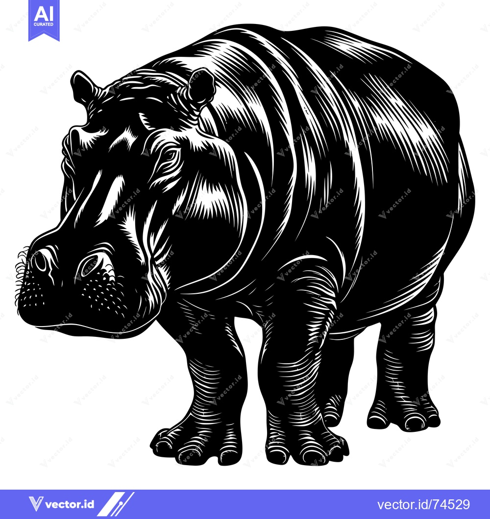 Premium Vector dari Black and White Illustration of a Standing Hippopotamus