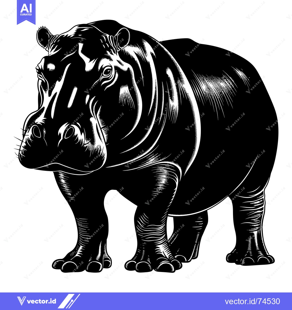 Premium Vector dari Black and White Illustration of a Standing Hippopotamus